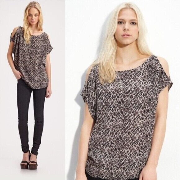 Joie 100% Silk Tribal Aztec Feather Print Cold Shoulder Top Blouse Sz S Womens - Picture 1 of 8